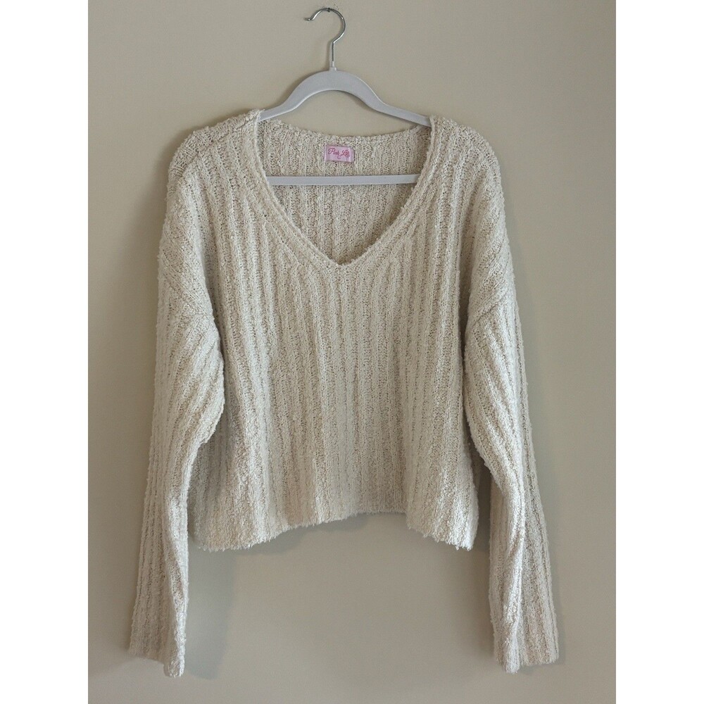 Pink Lily Womens L Ivory Boucle Sweater V Neck Textured Knit Long Sleeve